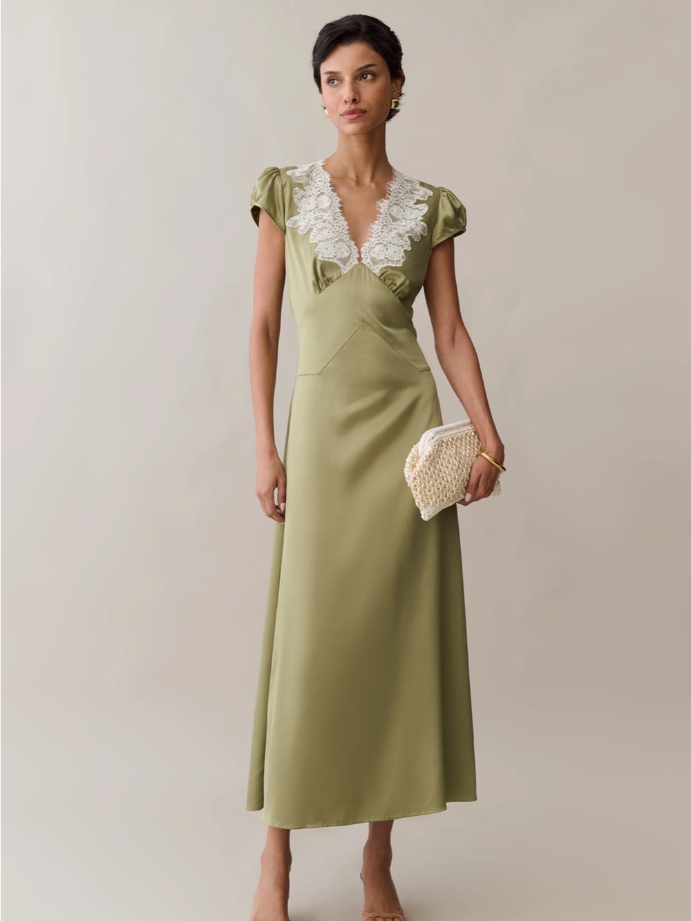 NWT o.p.t Kasey Satin Sage Lace Detail Few Moda Midi Dress 8